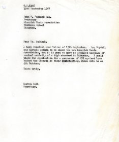Letter from Mervyn Wall, Secretary of the Arts Council to John Ruddock, Secretary of Limerick Music Association.